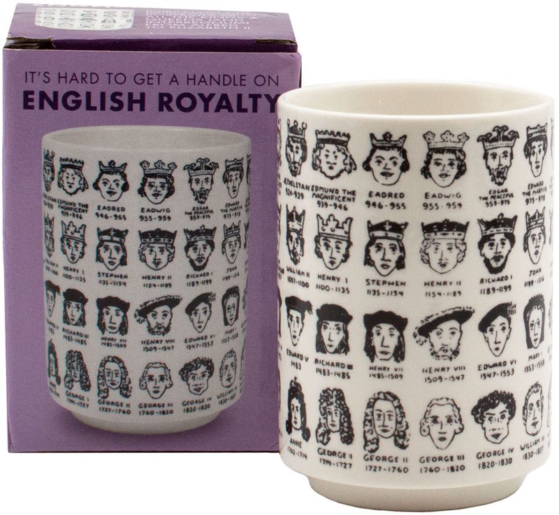 The Unemployed Philosophers Guild It's Hard to Get a Handle on English Monarchs - Porcelain Tea Cup Imprinted with Kings and Queens of England, Comes in a Fun Box, 9 oz - Image 1